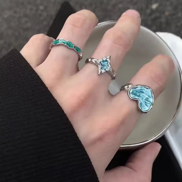 DAIIIBABYYY  -  Vintage Blue Drip Oil Love Heart Geometric Open Metal Finger Rings For Women Y2K Fashion Personality Aesthetic Jewelry 2025 New